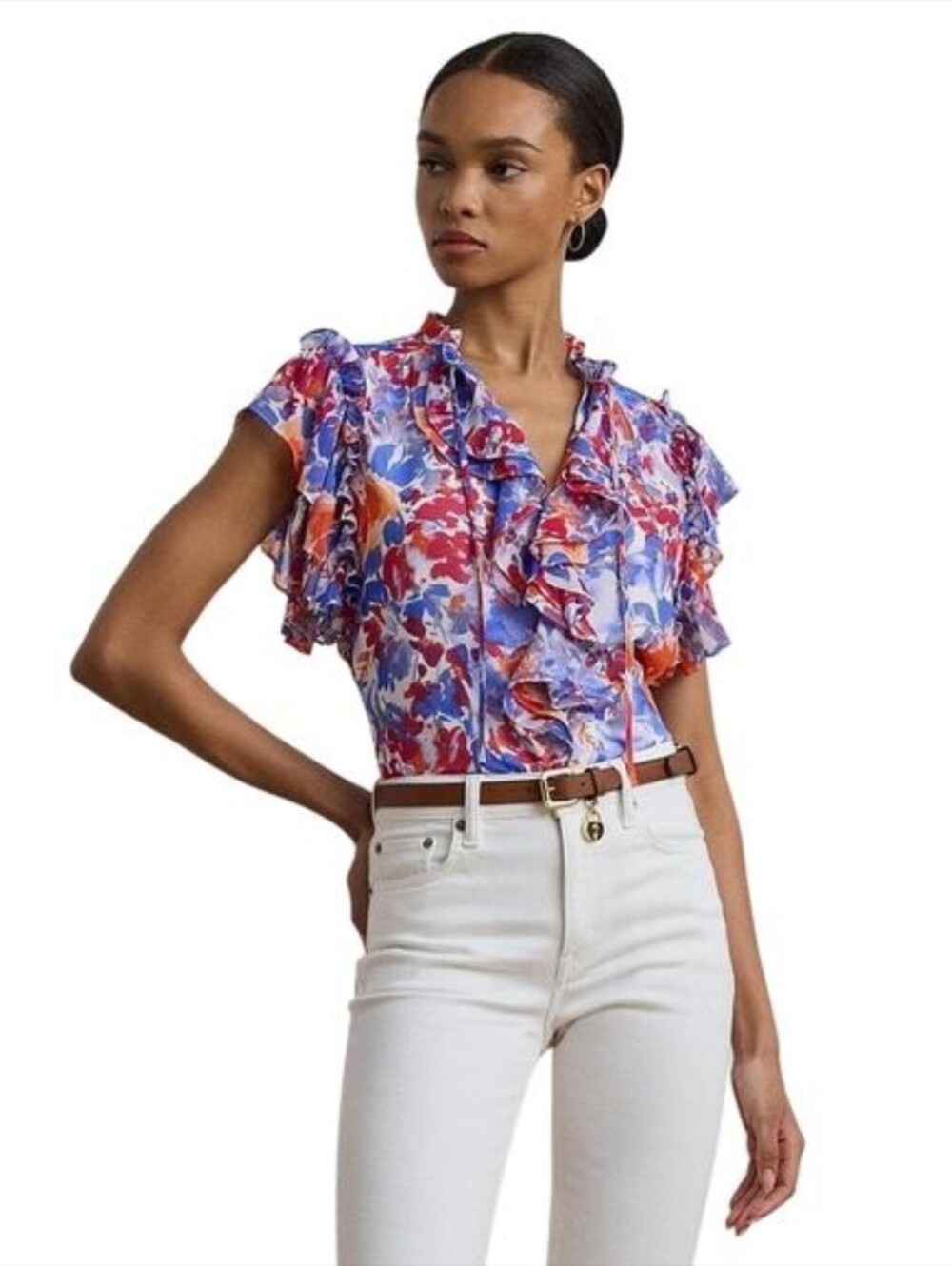 Lauren Ralph Lauren Womens Floral Ruffle Trim Georgette Blouse - Picture 2 of 7